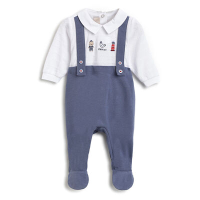 Boys Dark Light Blue Printed Nappy Opening Babysuit